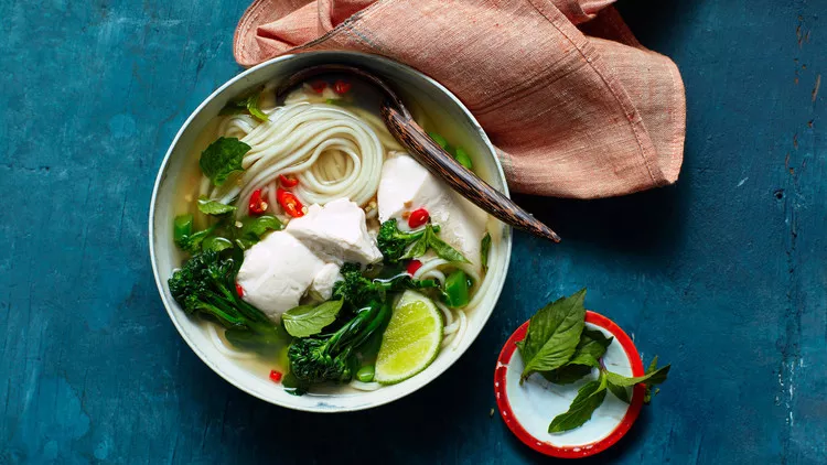 Ginger-Lemongrass Broth with Noodles, Silken Tofu, and Broccoli