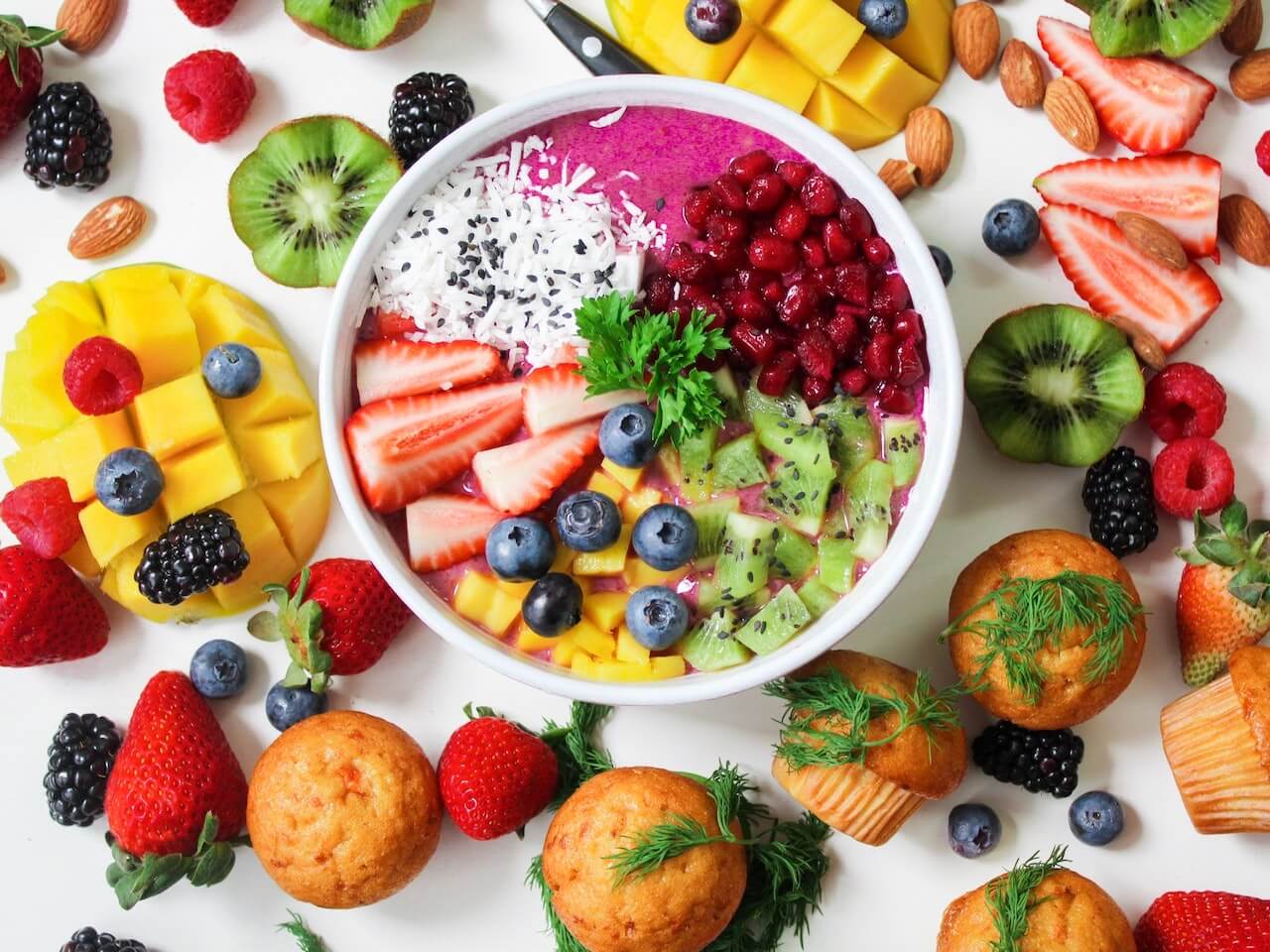 bowl with mango, strawberry, kiwi, blueberry and other delicious fruits