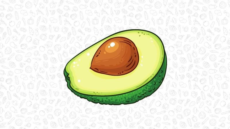 An illustration of half of an avocado, pit and skin included