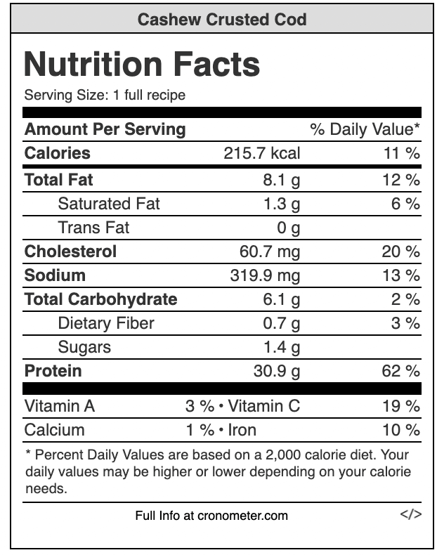 Nutrition info for 1 serving of Cashew Crusted Cod recipe